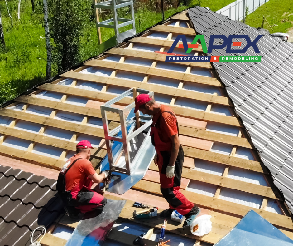 Roofing materials being installed.