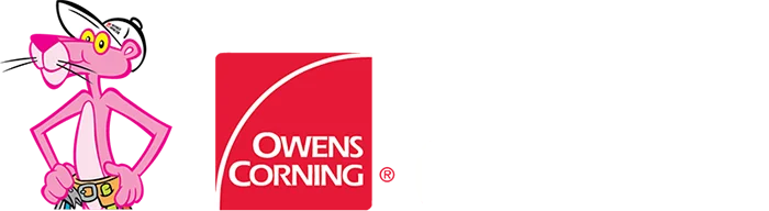 owen's corning preferred contractor logo. image of Pink Panther with toolbelt.